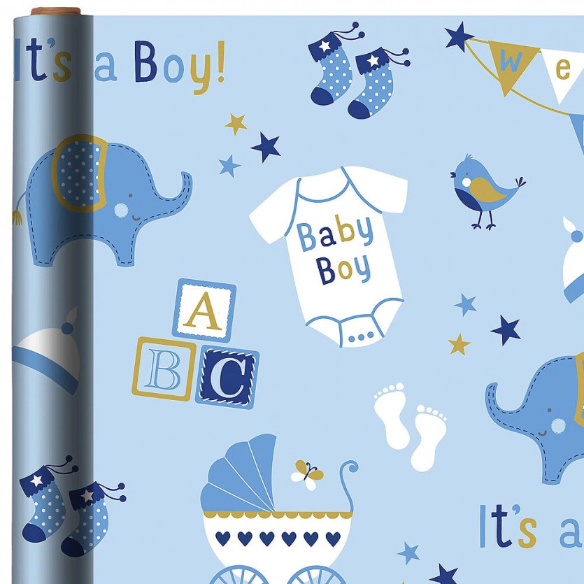 Baby Boy Elephant Print Gift Wrap, 40-ft