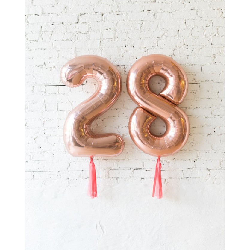BubbleGum - 34in Rose Gold Foil Numbers with Coral Skirts