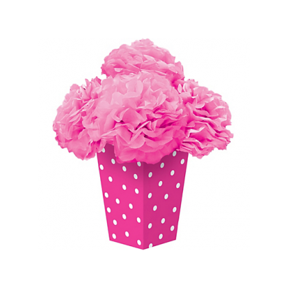 Vase, 6 1/2"; Flowers, 5" Fluffy Flower Centerpiece - Dots Tissue & Printed Paper - Bright Pink