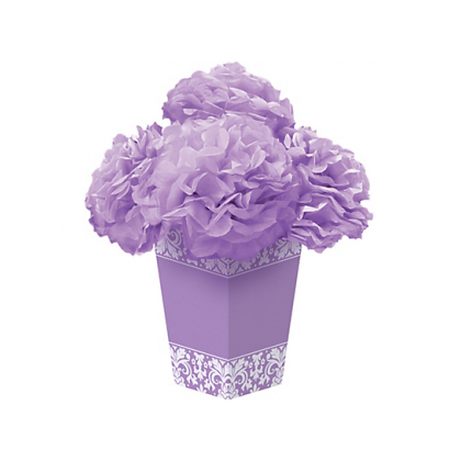 Vase, 6 1/2"; Flowers, 5" Fluffy Flower Centerpiece - Damask Tissue & Printed Paper - Lilac/Lavender