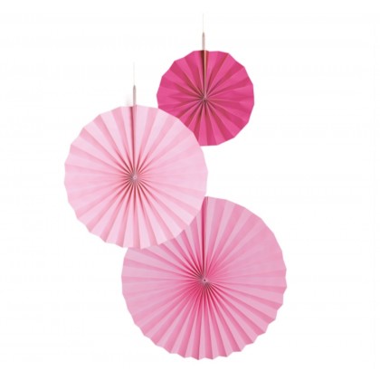 3 Fan Decorations Hot Pink Paper 18 cm / 30 cm / 3