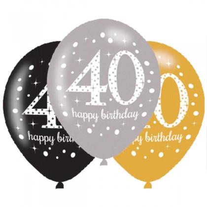 6 Latex Balloons Sparkling Birthday Age 40 27.5 cm / 11"