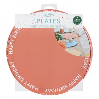 Eco Paper Plates - Happy Birthday Rim - Mixed Colours